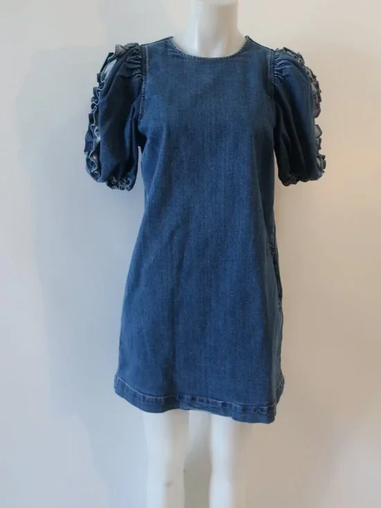 Womens Ulla Johnson Poppy (Item- 12) Blue Denim Ruffled Slv Mini Shift Dress 4 - Picture 3 of 14